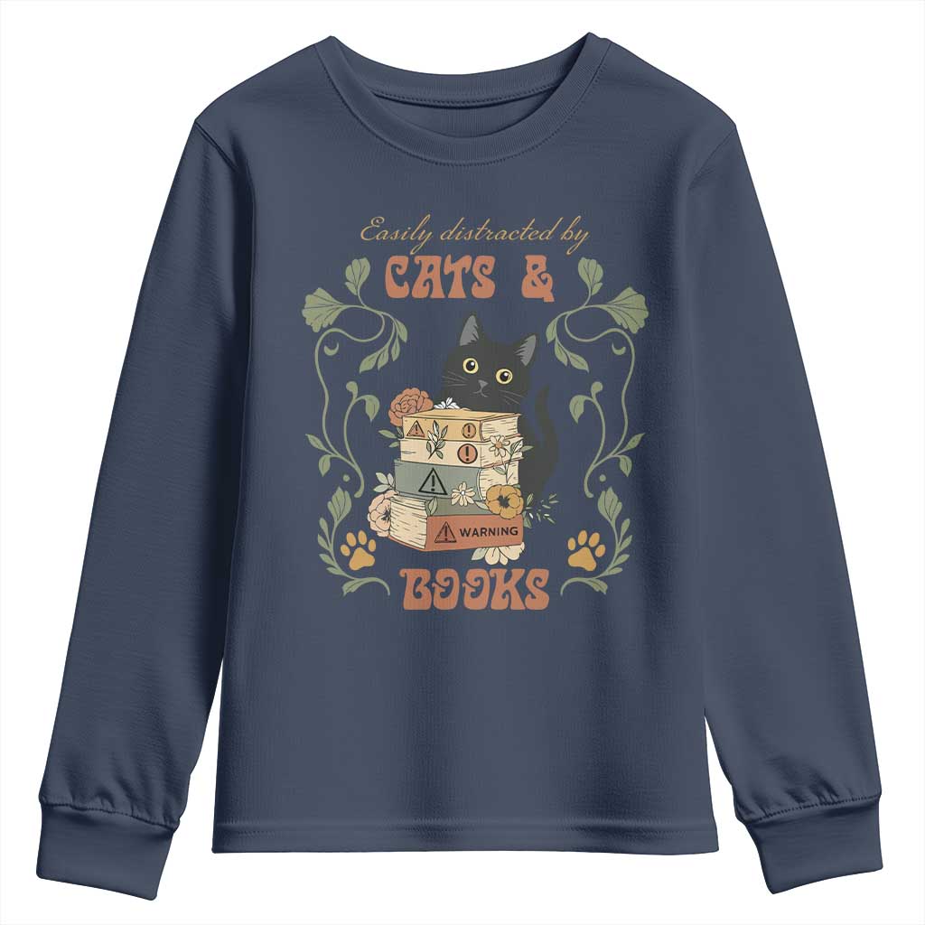 Cute Bookworm Gift Youth Sweatshirt Easily Distracted By Cats And Books TS12 Navy Print Your Wear