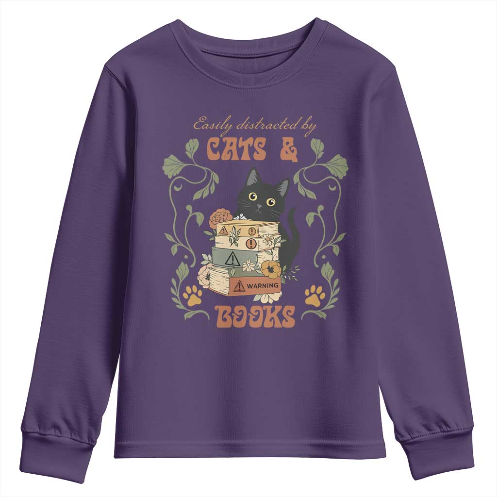 Cute Bookworm Gift Youth Sweatshirt Easily Distracted By Cats And Books TS12 Purple Print Your Wear