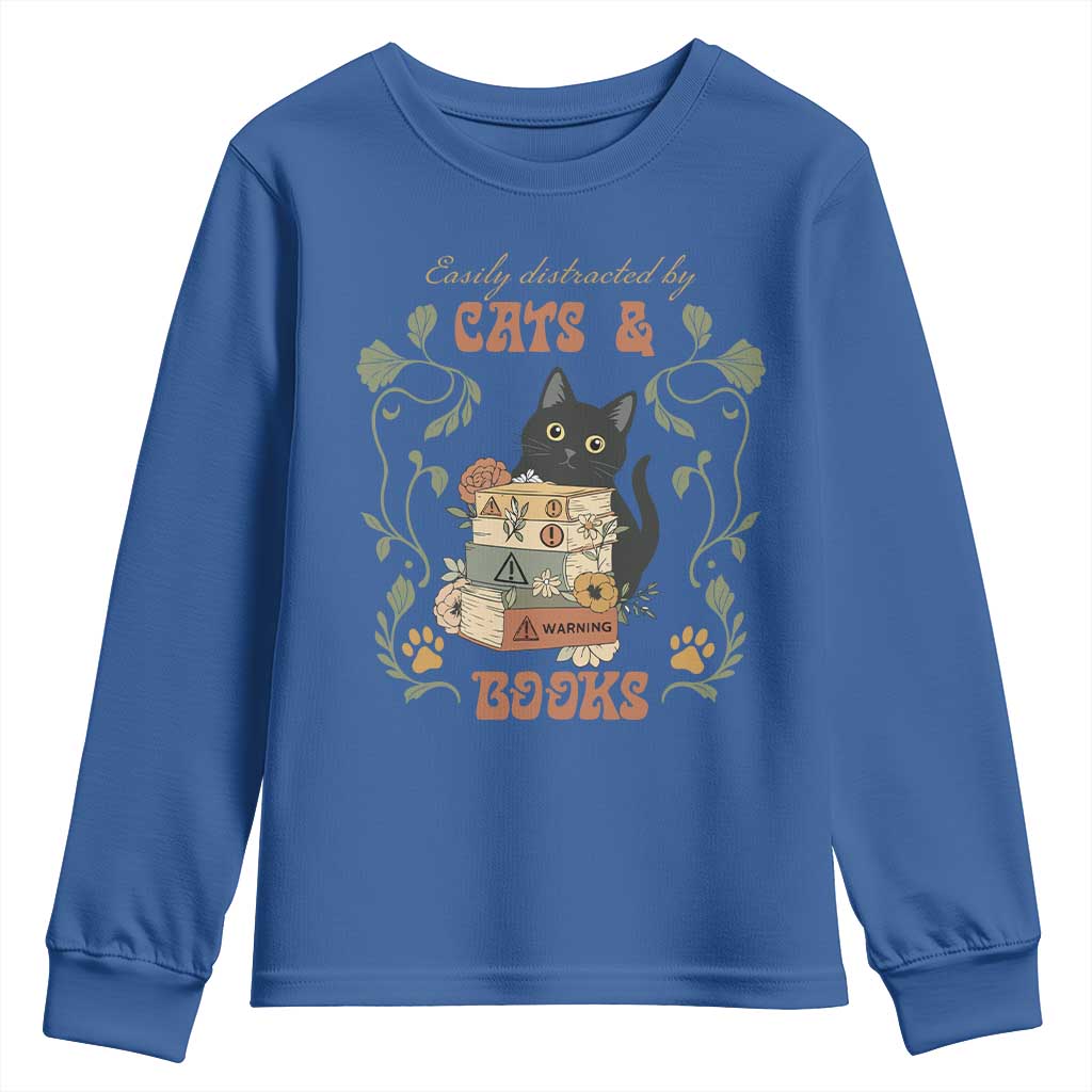 Cute Bookworm Gift Youth Sweatshirt Easily Distracted By Cats And Books TS12 Royal Blue Print Your Wear