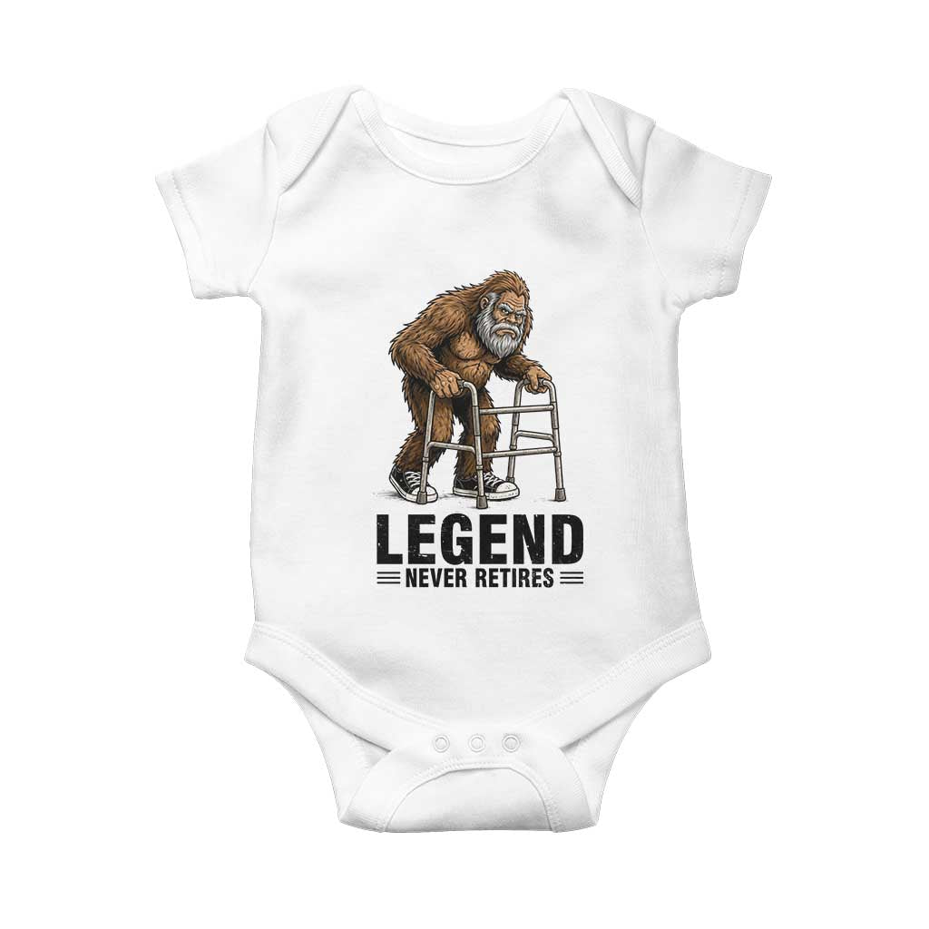 Funny Old Bigfoot Retirement Gift Baby Onesie Legend Never Retires TS12 White Print Your Wear