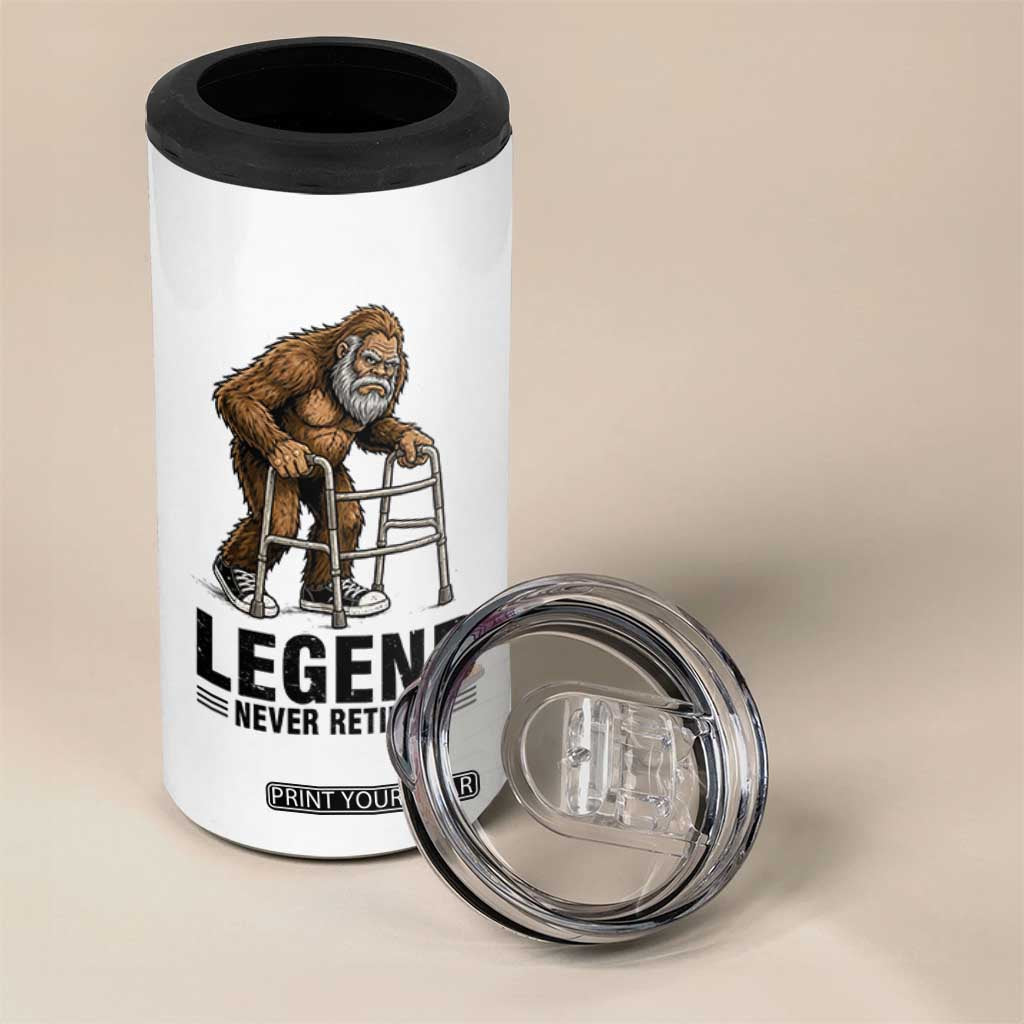 Funny Old Bigfoot Retirement Gift 4 in 1 Can Cooler Tumbler Legend Never Retires