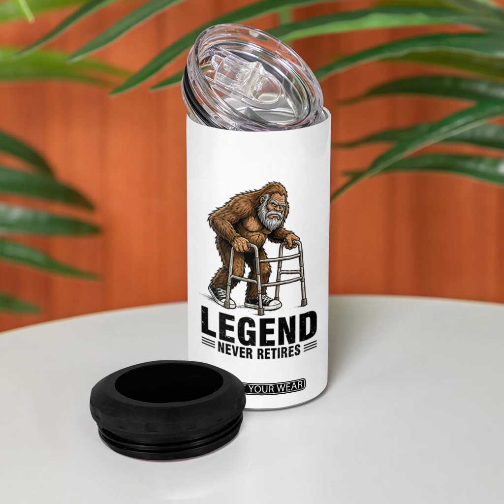 Funny Old Bigfoot Retirement Gift 4 in 1 Can Cooler Tumbler Legend Never Retires