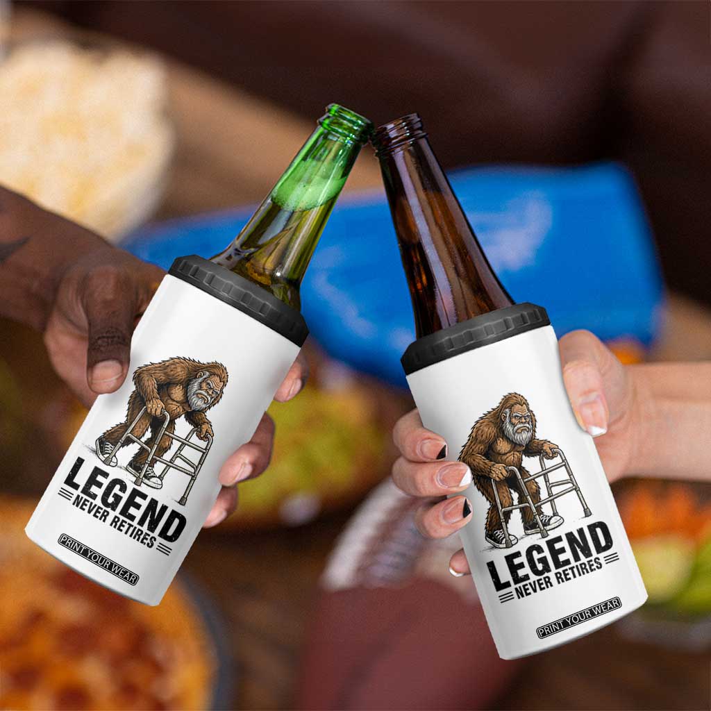 Funny Old Bigfoot Retirement Gift 4 in 1 Can Cooler Tumbler Legend Never Retires