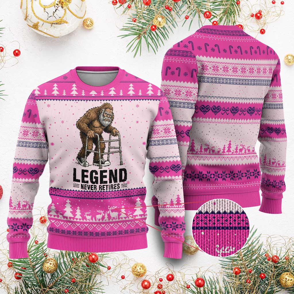 Funny Old Bigfoot Retirement Gift Ugly Christmas Sweater Legend Never Retires