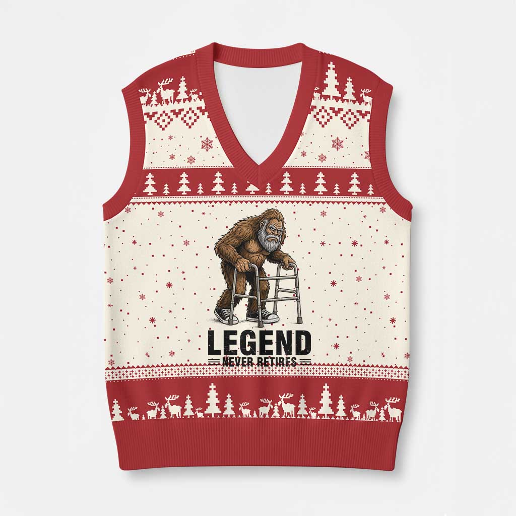 Funny Old Bigfoot Retirement Gift V-Neck Knit Sweater Vest Legend Never Retires TS12 Beige Red Print Your Wear