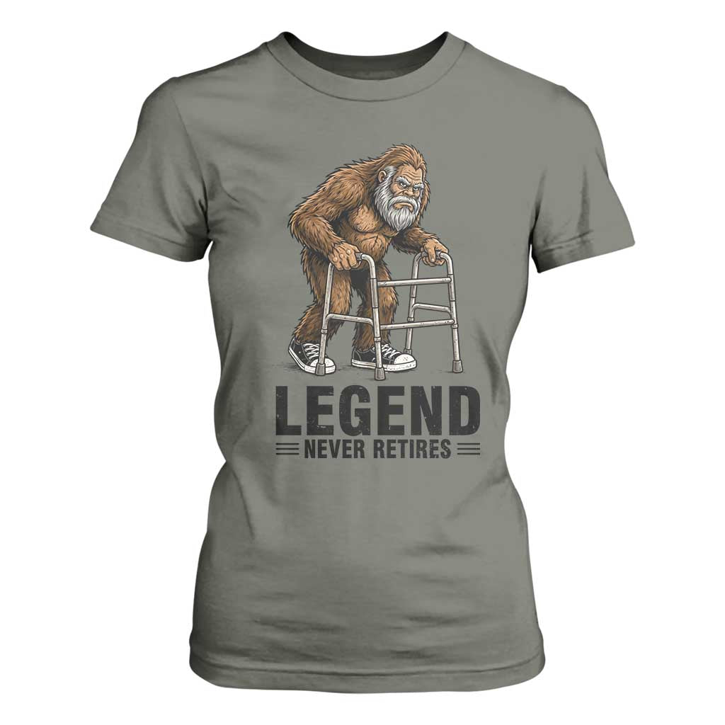 Funny Old Bigfoot Retirement Gift T Shirt For Women Legend Never Retires