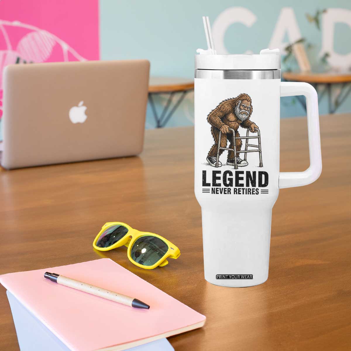 Funny Old Bigfoot Retirement Gift Tumbler With Handle Legend Never Retires