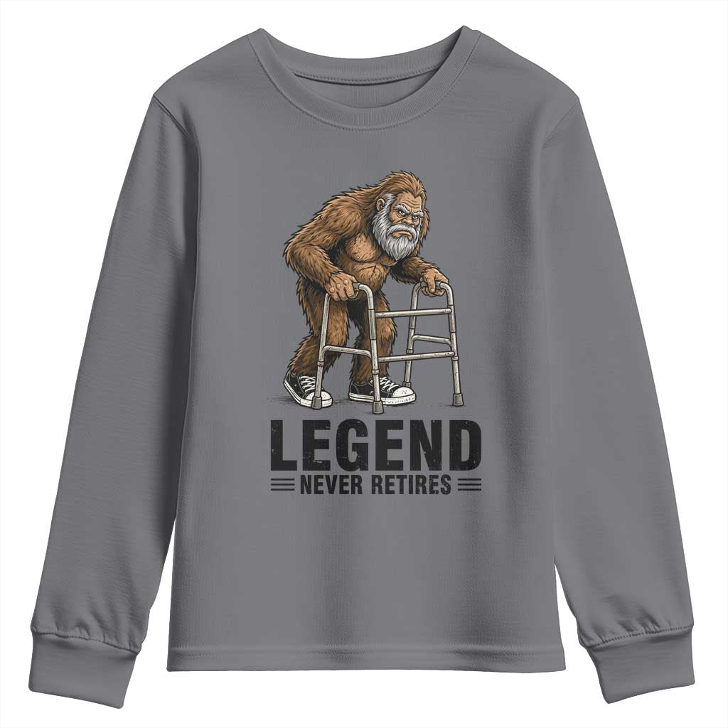 Funny Old Bigfoot Retirement Gift Youth Sweatshirt Legend Never Retires TS12 Charcoal Print Your Wear