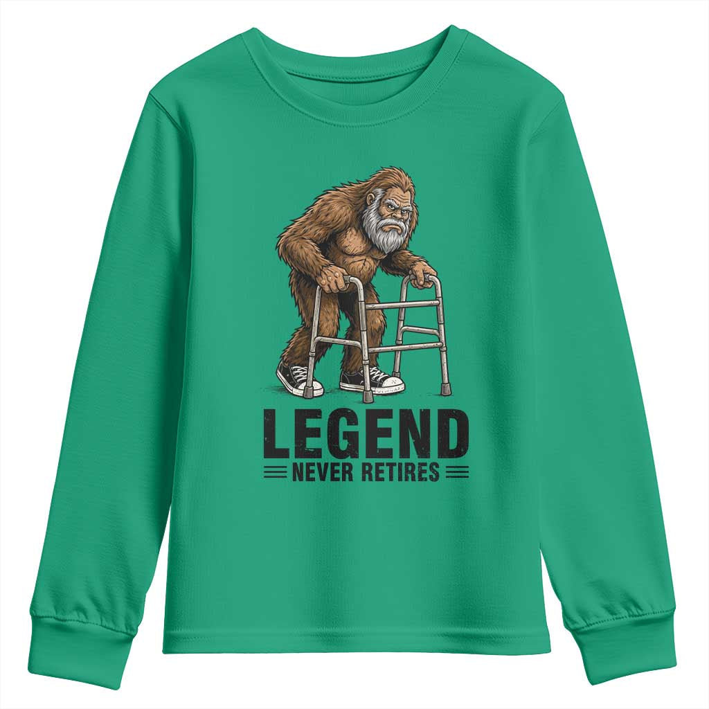 Funny Old Bigfoot Retirement Gift Youth Sweatshirt Legend Never Retires TS12 Irish Green Print Your Wear