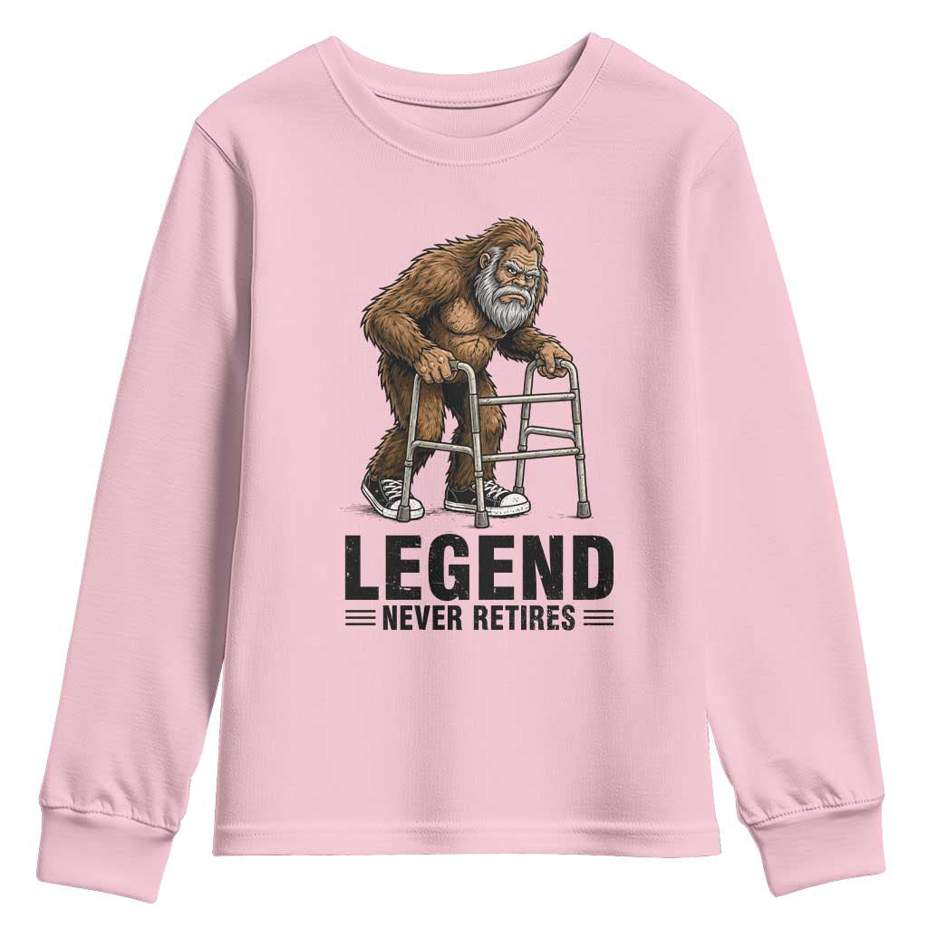 Funny Old Bigfoot Retirement Gift Youth Sweatshirt Legend Never Retires TS12 Light Pink Print Your Wear