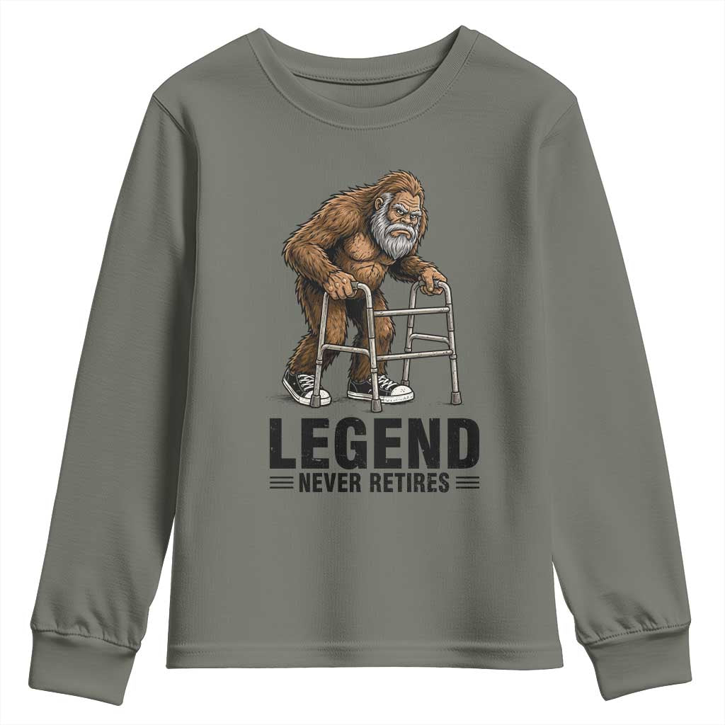 Funny Old Bigfoot Retirement Gift Youth Sweatshirt Legend Never Retires TS12 Military Green Print Your Wear