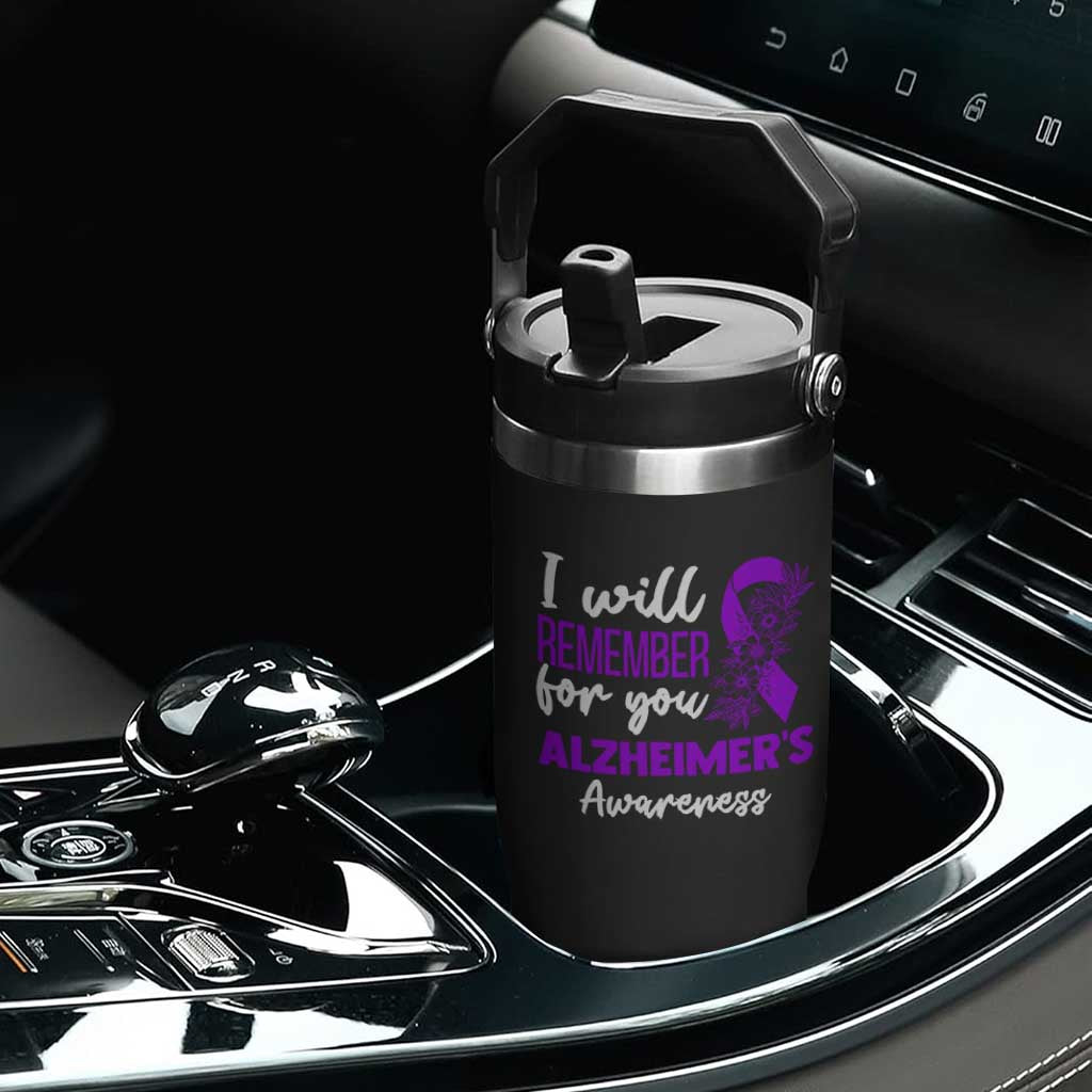 Alzheimers Caregiver Support Purple Ribbon Flip Straw Tumbler I Will Remember For You