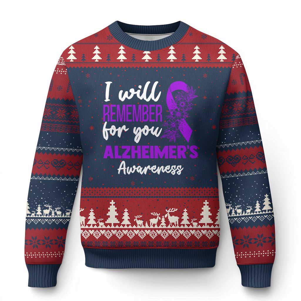 Alzheimers Caregiver Support Purple Ribbon Ugly Christmas Sweater I Will Remember For You