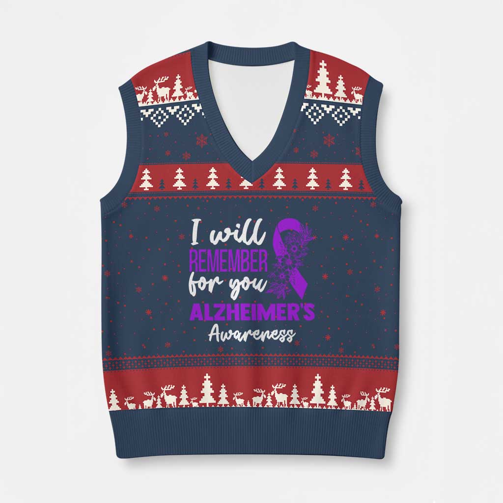 Alzheimers Caregiver Support Purple Ribbon V-Neck Knit Sweater Vest I Will Remember For You TS12 Navy Red Print Your Wear