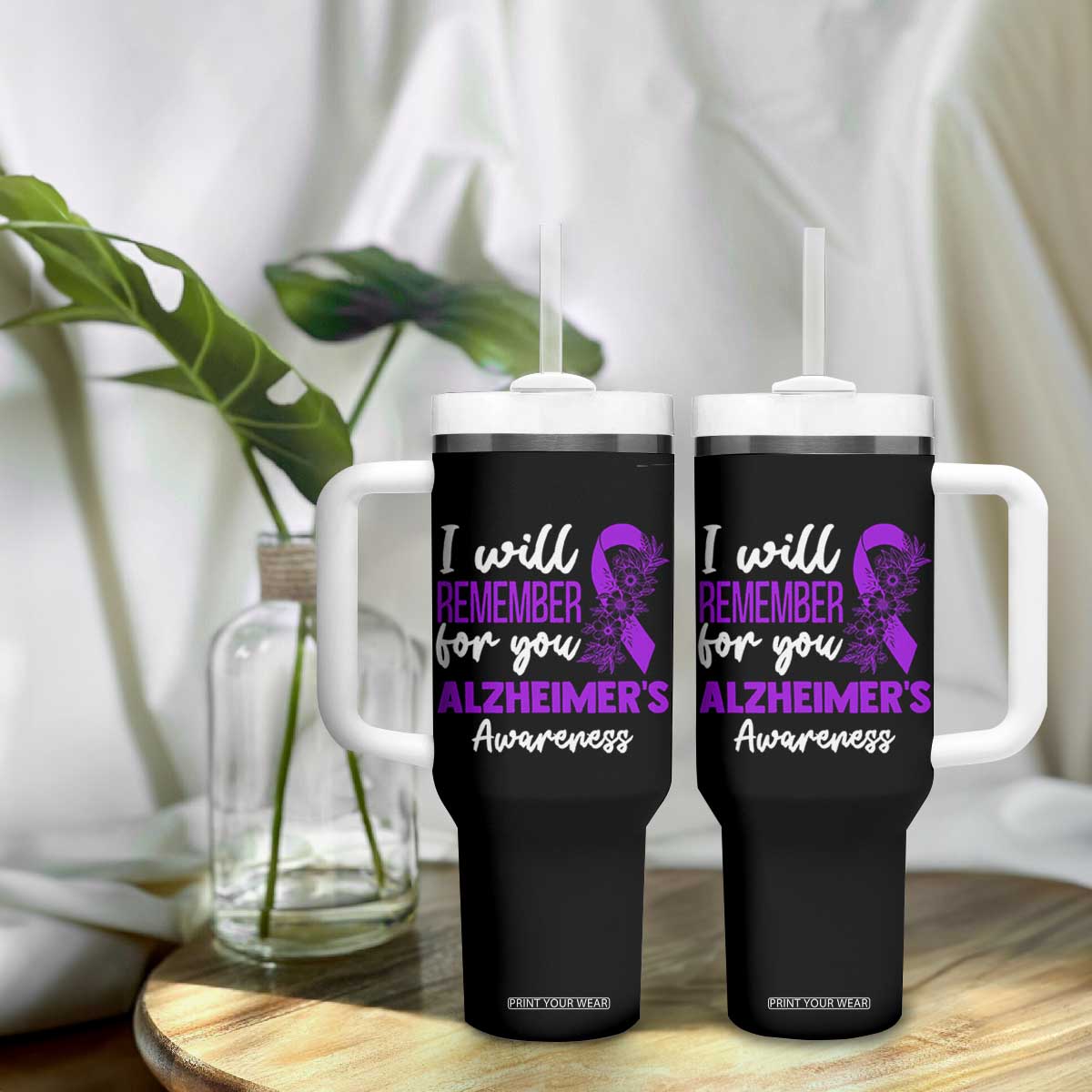 Alzheimers Caregiver Support Purple Ribbon Tumbler With Handle I Will Remember For You