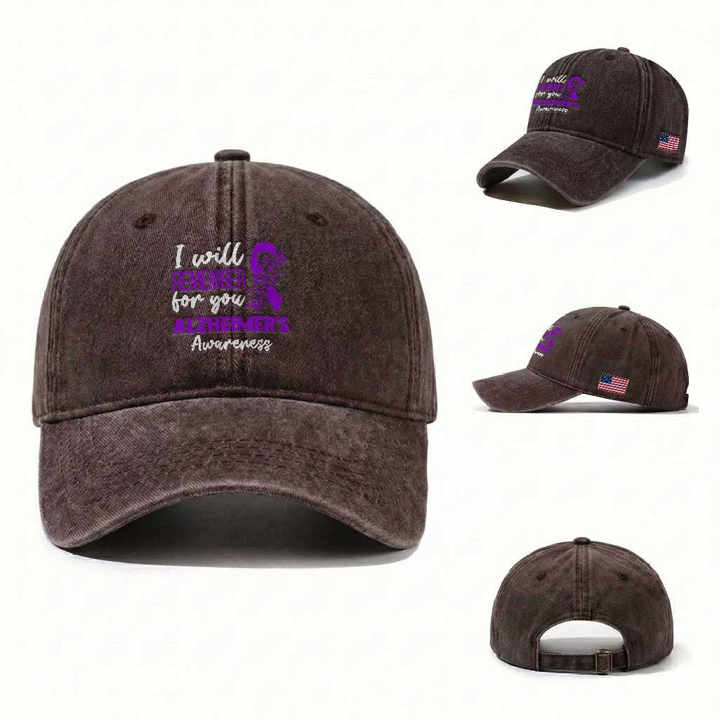 Alzheimers Caregiver Support Purple Ribbon Washed Cotton Baseball Cap I Will Remember For You