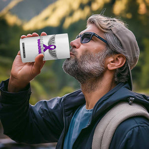 Alzheimers Warrior 4 in 1 Can Cooler Tumbler Purple Ribbon Angel Wings Memory Support Gift