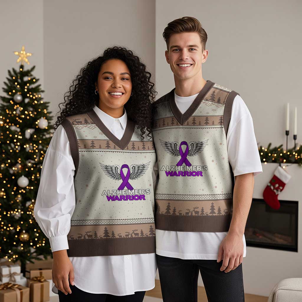 Alzheimers Warrior V-Neck Knit Sweater Vest Purple Ribbon Angel Wings Memory Support Gift