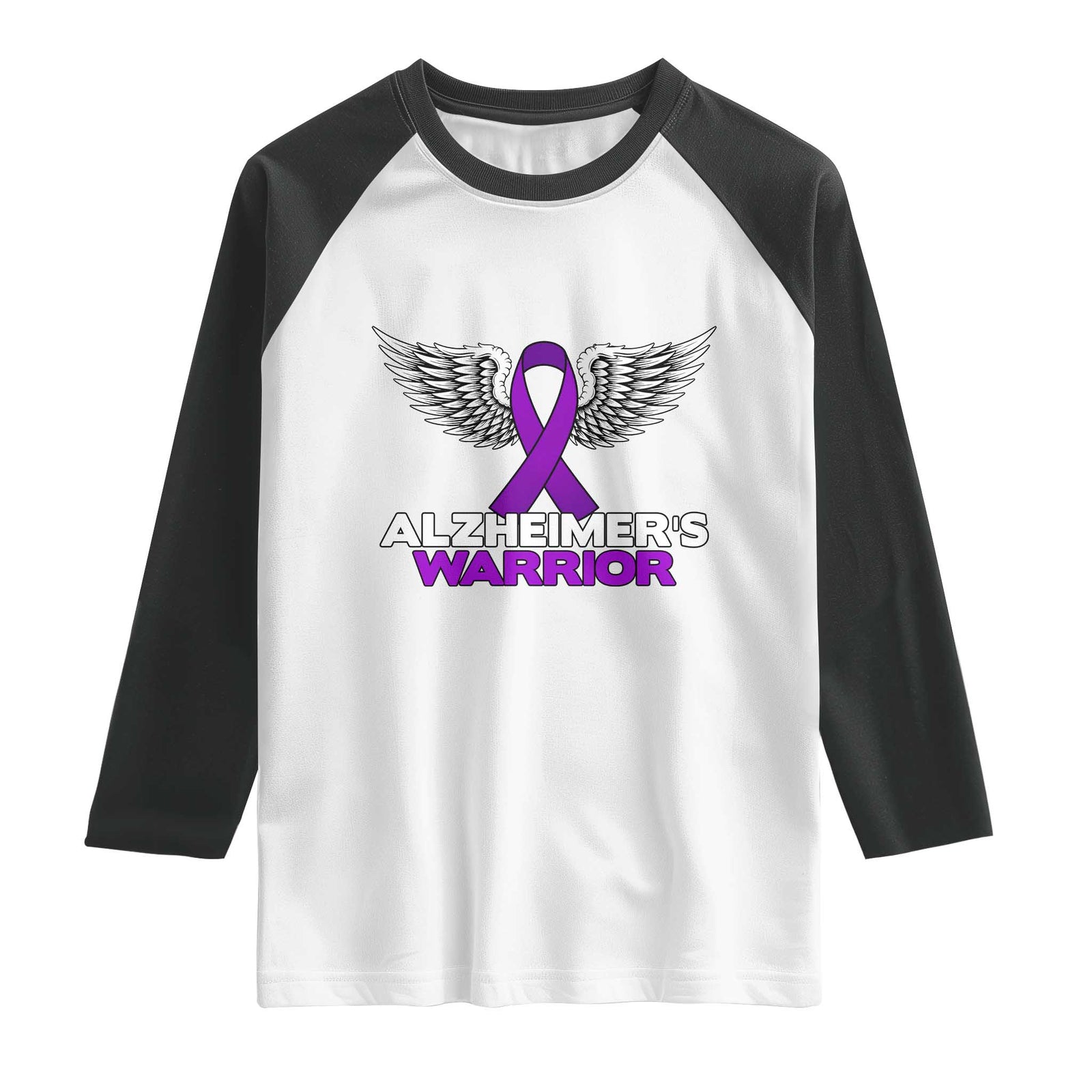 Alzheimers Warrior Raglan Shirt Purple Ribbon Angel Wings Memory Support Gift TS12 White Black Print Your Wear