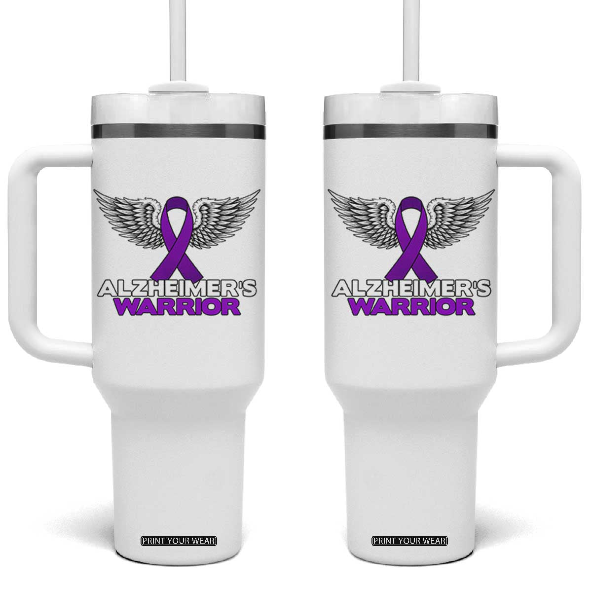 Alzheimers Warrior Tumbler With Handle Purple Ribbon Angel Wings Memory Support Gift