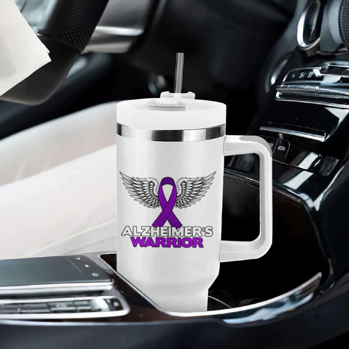 Alzheimers Warrior Tumbler With Handle Purple Ribbon Angel Wings Memory Support Gift