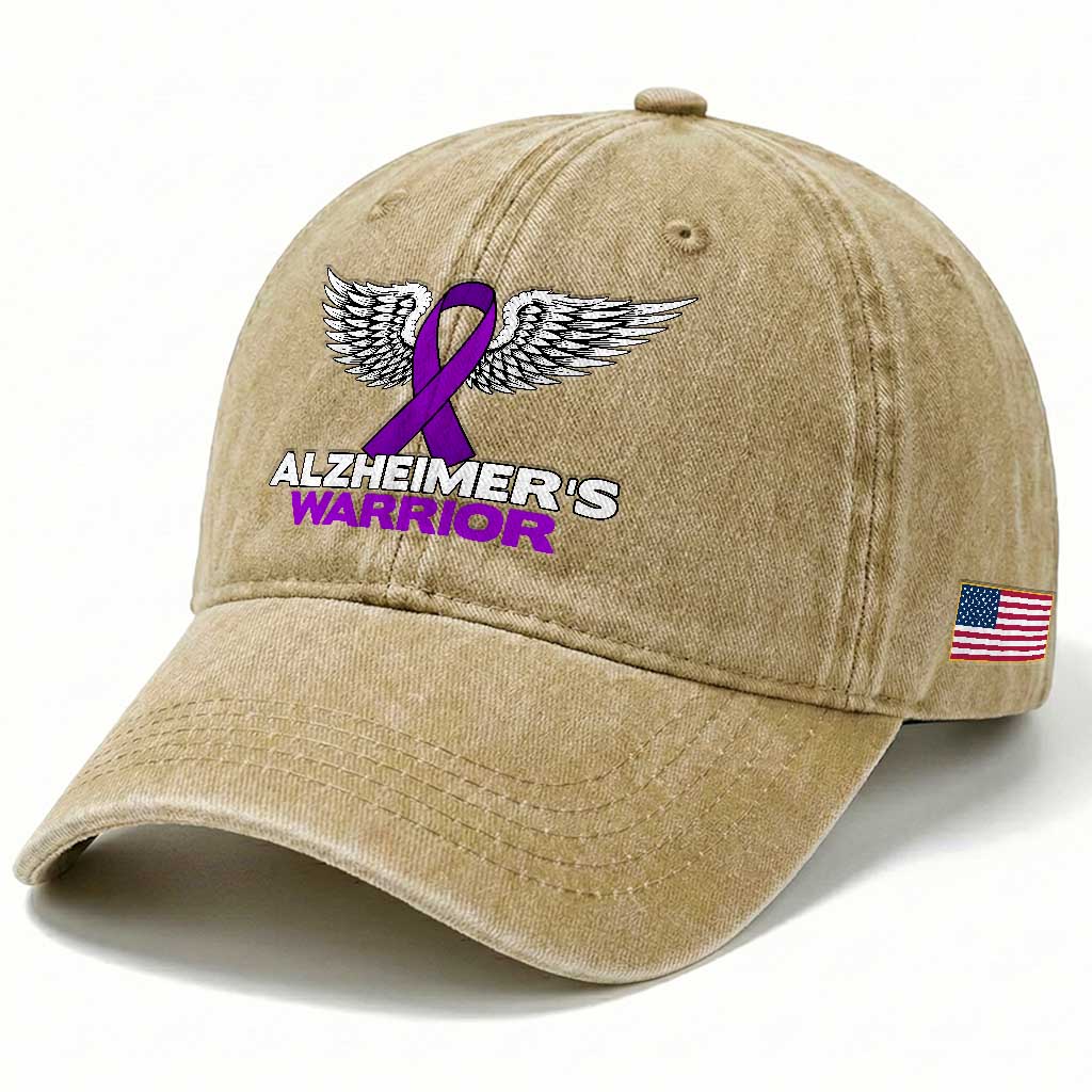 Alzheimers Warrior Washed Cotton Baseball Cap Purple Ribbon Angel Wings Memory Support Gift