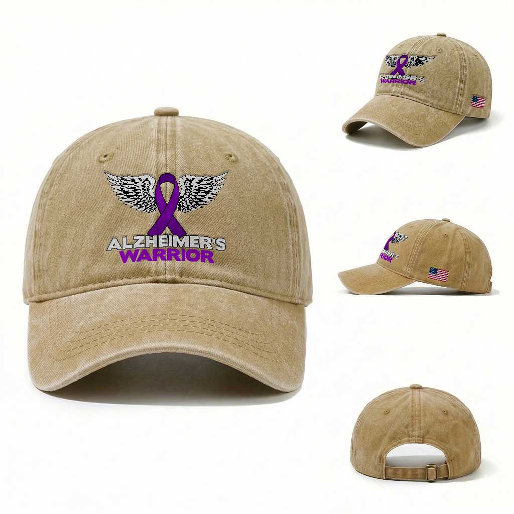 Alzheimers Warrior Washed Cotton Baseball Cap Purple Ribbon Angel Wings Memory Support Gift