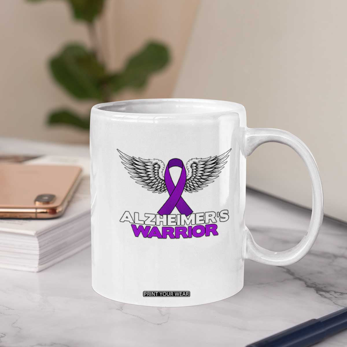Alzheimers Warrior Coffee Mug Purple Ribbon Angel Wings Memory Support Gift