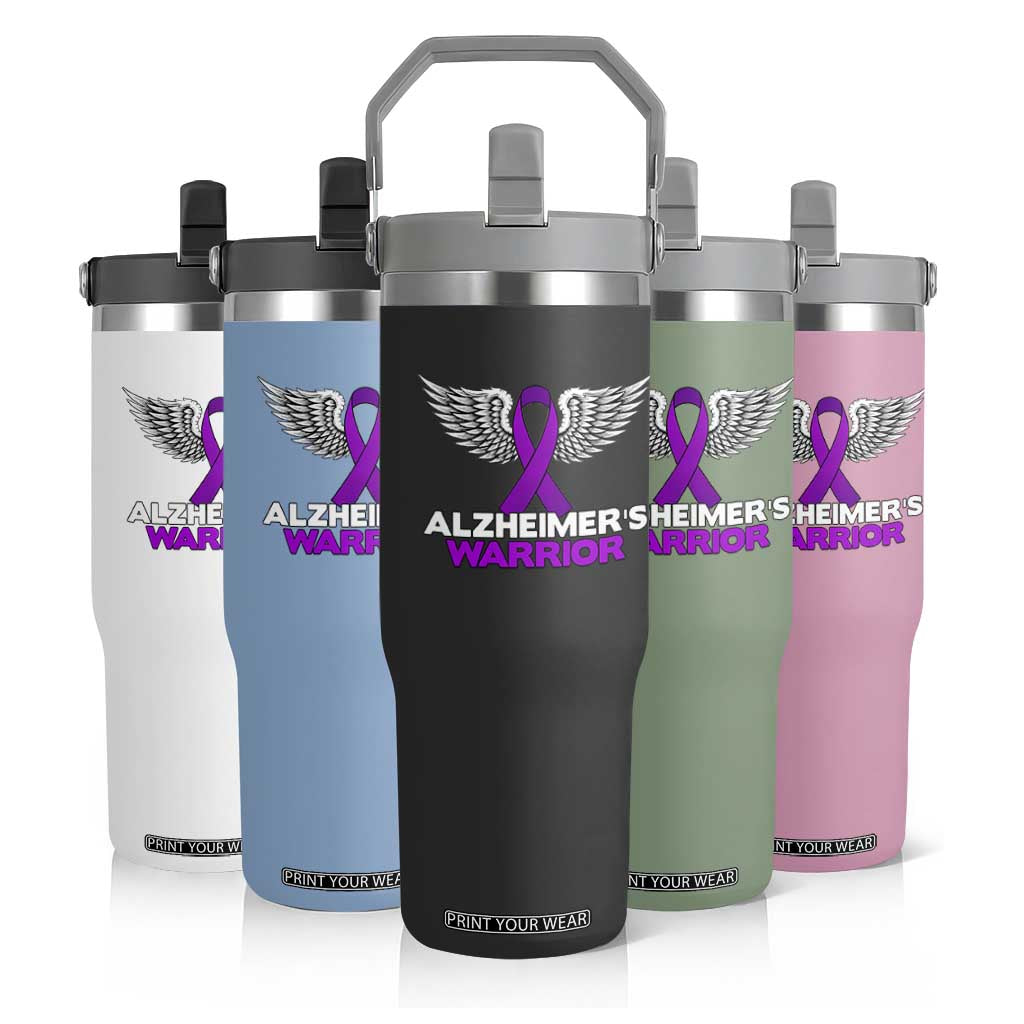 Alzheimers Warrior Flip Straw Tumbler Purple Ribbon Angel Wings Memory Support Gift