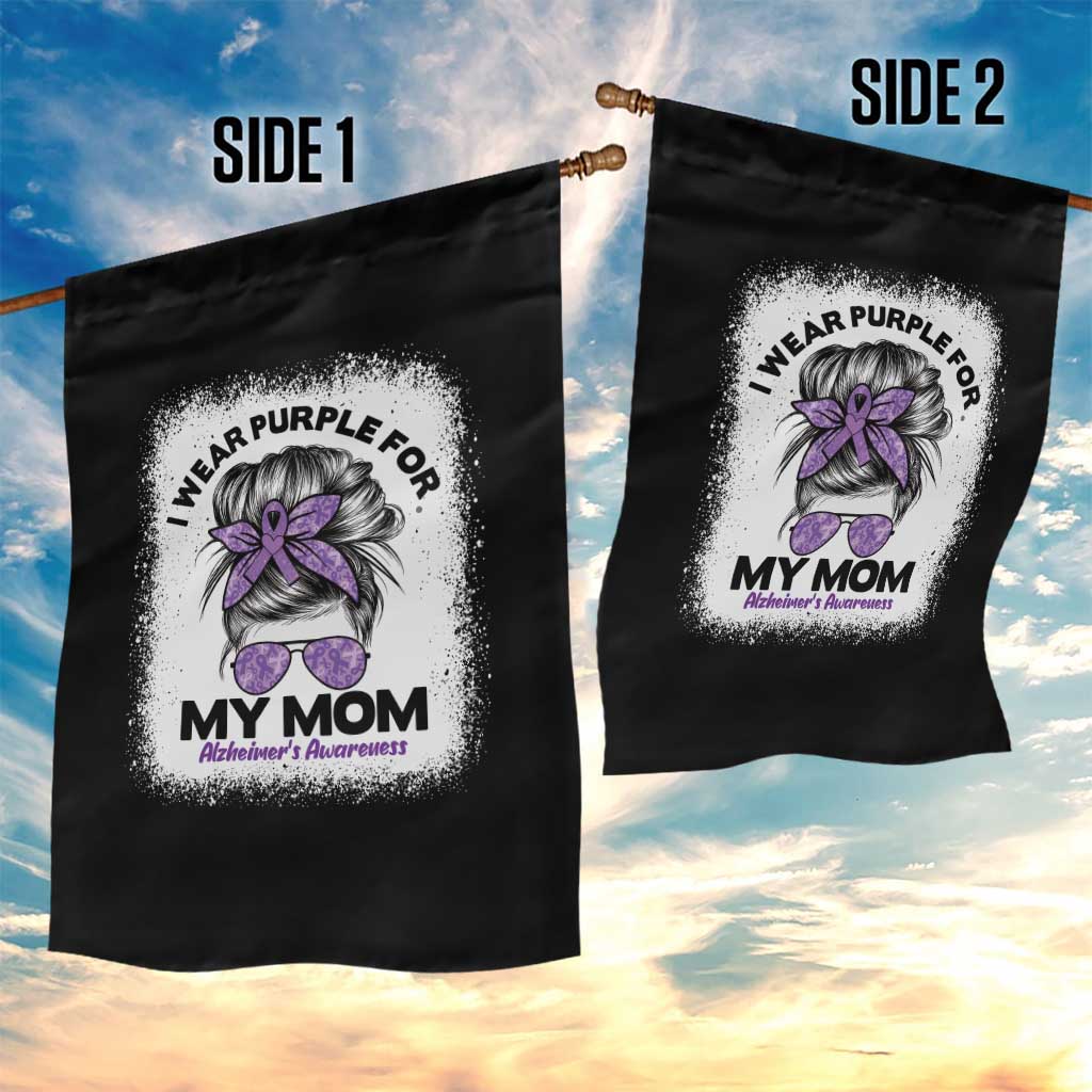 I Wear Purple For My Mom Garden Flag Alzheimers Awareness Messy Bun Graphic