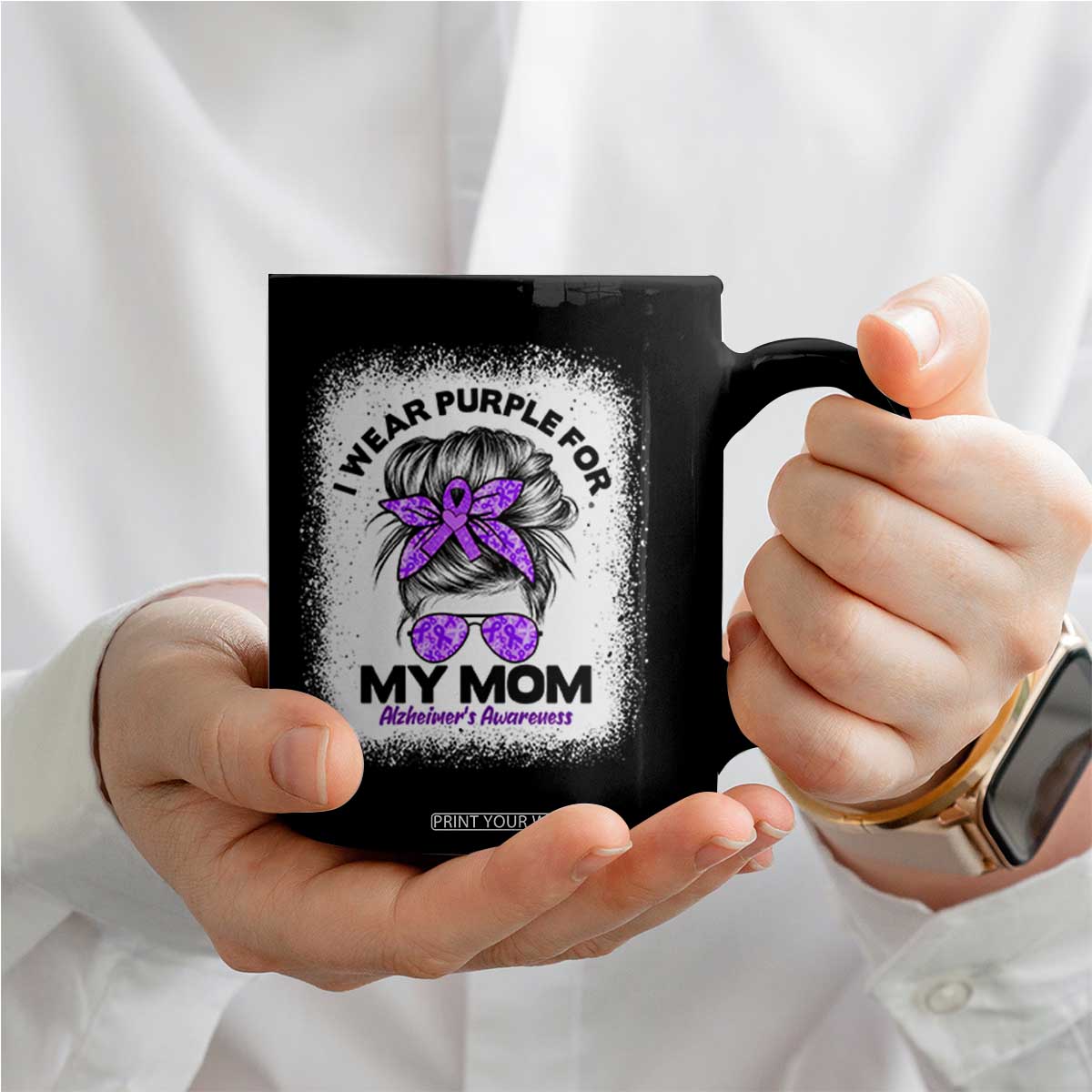 I Wear Purple For My Mom Coffee Mug Alzheimers Awareness Messy Bun Graphic