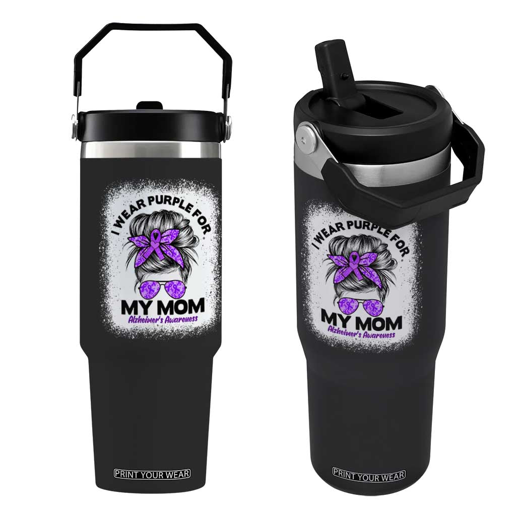I Wear Purple For My Mom Flip Straw Tumbler Alzheimers Awareness Messy Bun Graphic TS12 One Size: 30 oz Black Print Your Wear