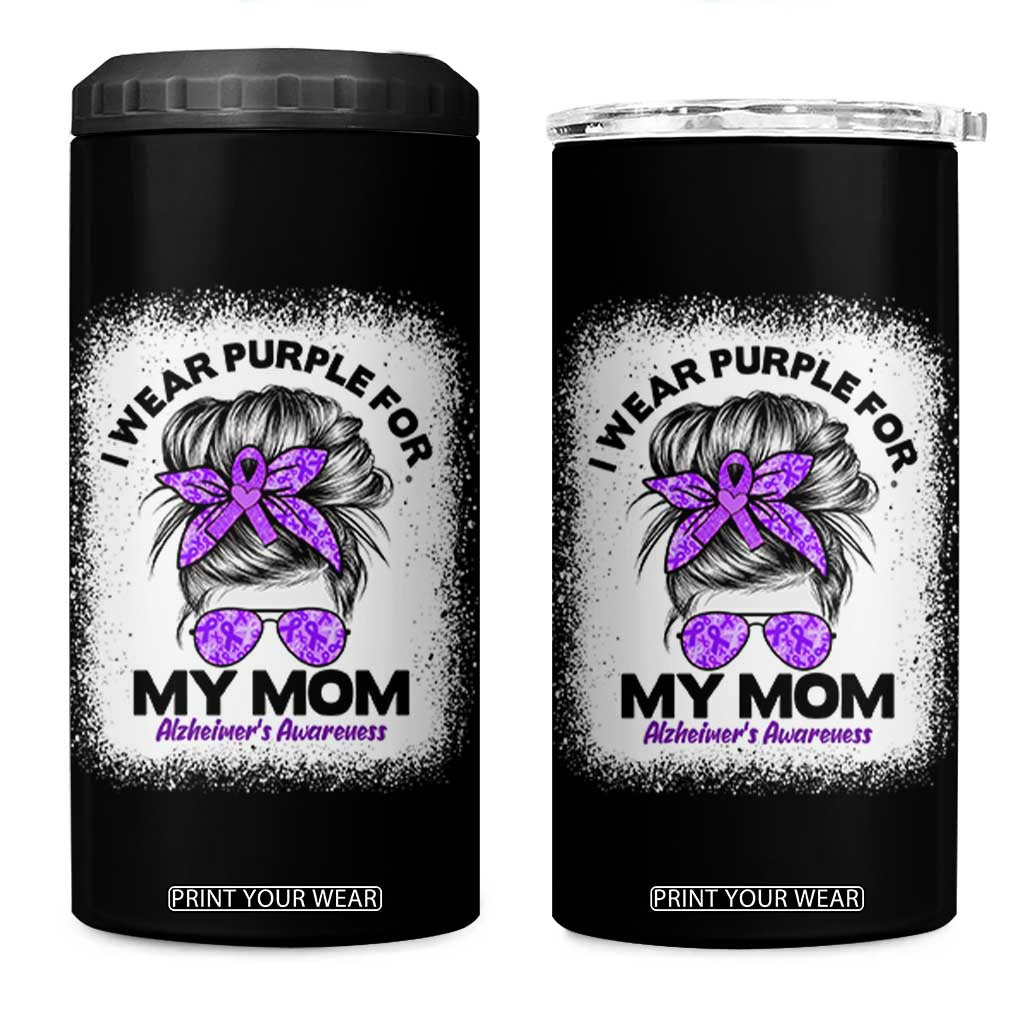 I Wear Purple For My Mom 4 in 1 Can Cooler Tumbler Alzheimers Awareness Messy Bun Graphic