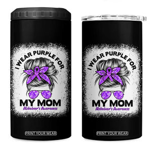I Wear Purple For My Mom 4 in 1 Can Cooler Tumbler Alzheimers Awareness Messy Bun Graphic