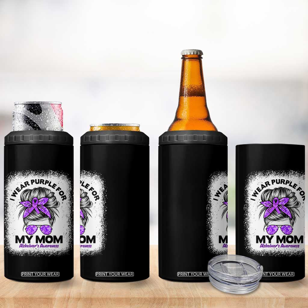 I Wear Purple For My Mom 4 in 1 Can Cooler Tumbler Alzheimers Awareness Messy Bun Graphic