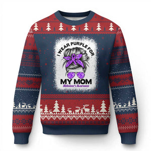 I Wear Purple For My Mom Ugly Christmas Sweater Alzheimers Awareness Messy Bun Graphic