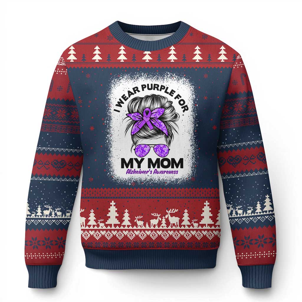 I Wear Purple For My Mom Ugly Christmas Sweater Alzheimers Awareness Messy Bun Graphic TS12 Navy Red Print Your Wear