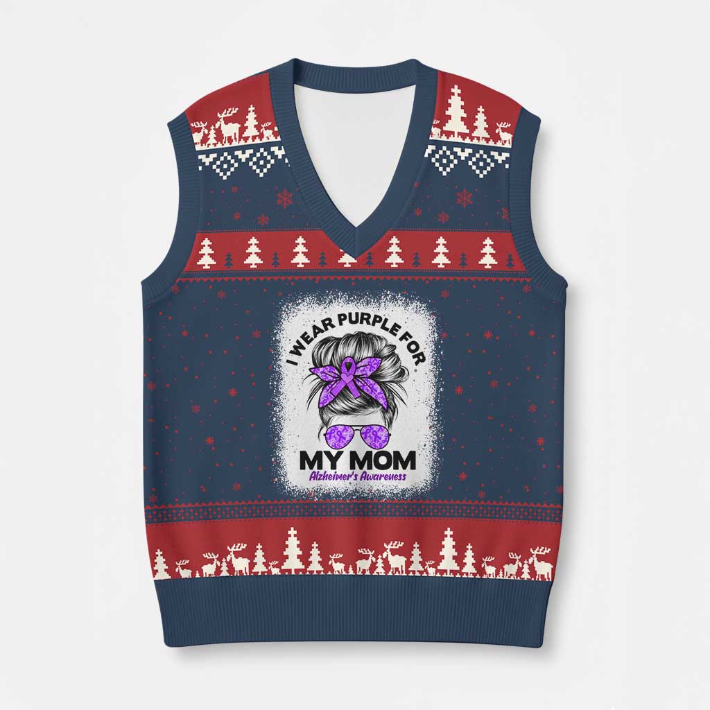 I Wear Purple For My Mom V-Neck Knit Sweater Vest Alzheimers Awareness Messy Bun Graphic TS12 Navy Red Print Your Wear