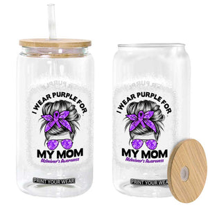 I Wear Purple For My Mom Glass Can Alzheimers Awareness Messy Bun Graphic