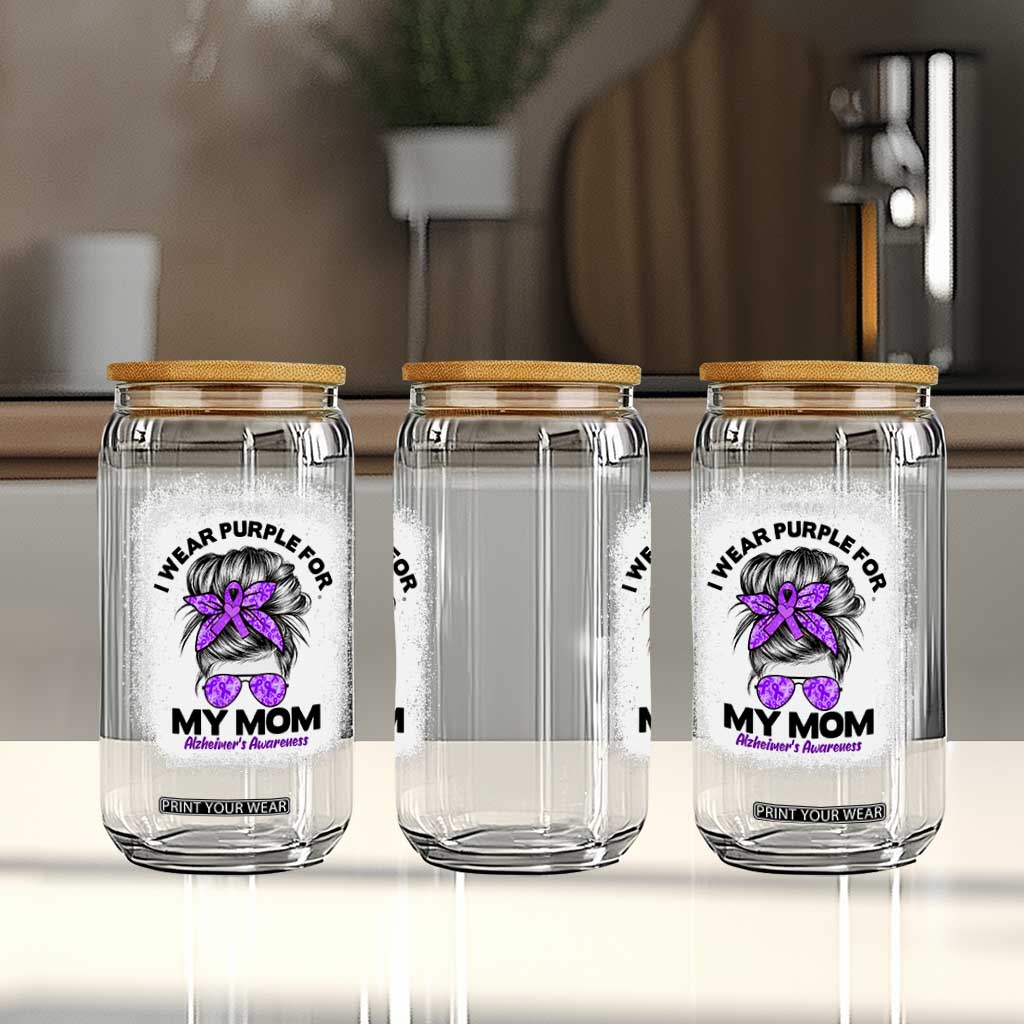 I Wear Purple For My Mom Glass Can Alzheimers Awareness Messy Bun Graphic