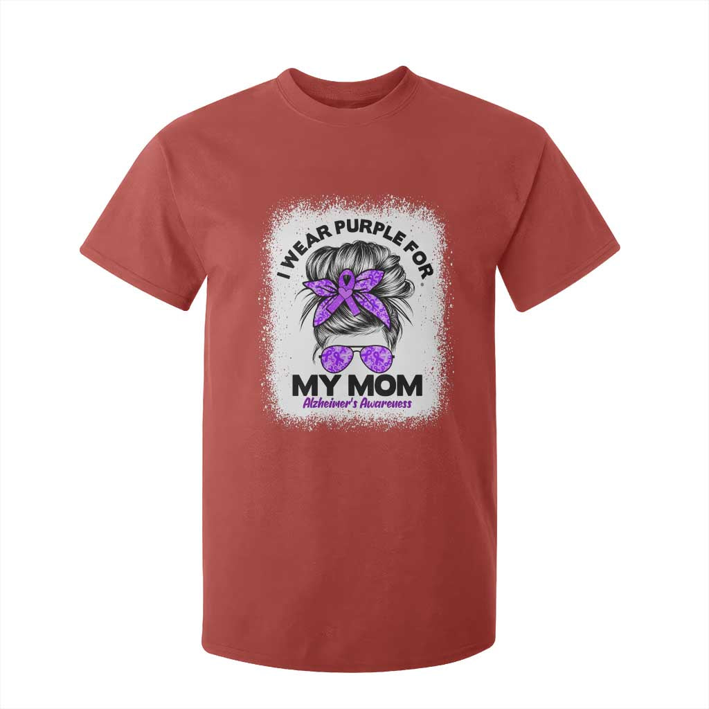 I Wear Purple For My Mom T Shirt For Kid Alzheimers Awareness Messy Bun Graphic