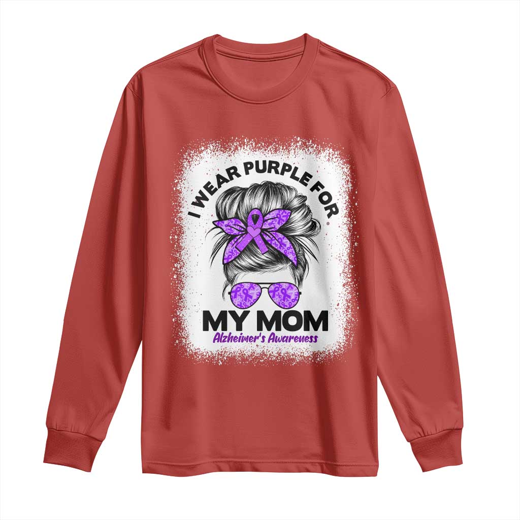 I Wear Purple For My Mom Long Sleeve Shirt Alzheimers Awareness Messy Bun Graphic