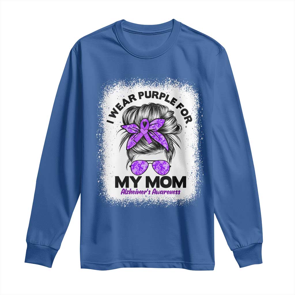I Wear Purple For My Mom Long Sleeve Shirt Alzheimers Awareness Messy Bun Graphic