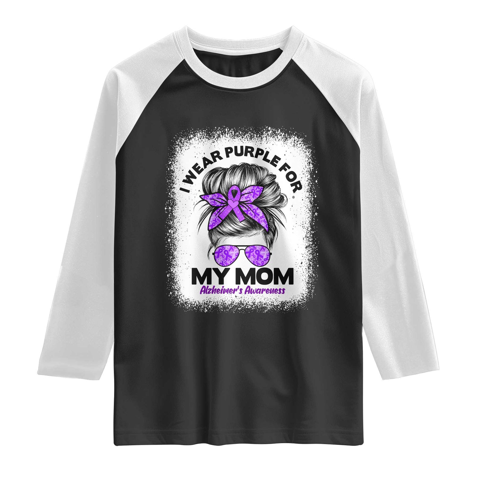 I Wear Purple For My Mom Raglan Shirt Alzheimers Awareness Messy Bun Graphic TS12 Black White Print Your Wear