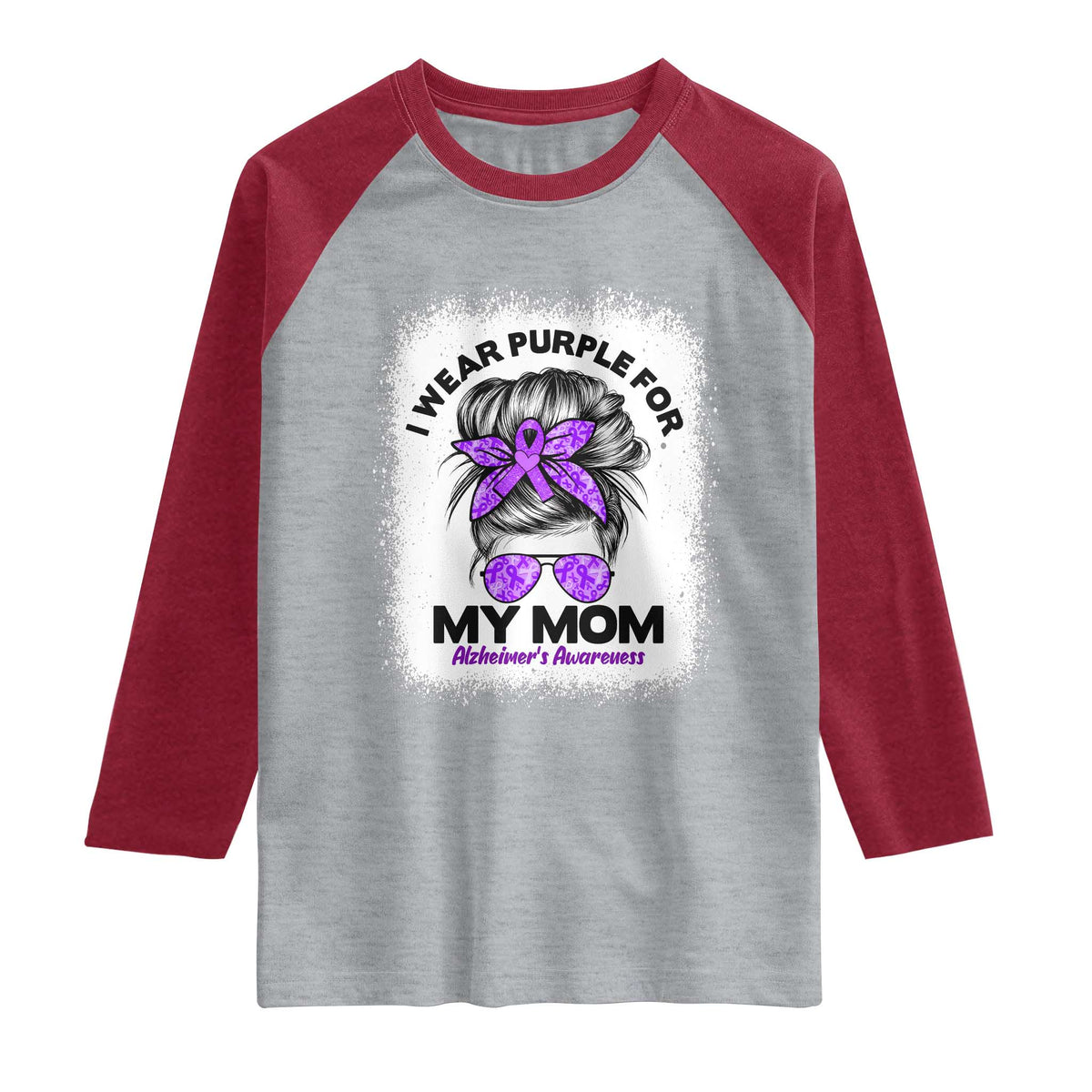 I Wear Purple For My Mom Raglan Shirt Alzheimers Awareness Messy Bun Graphic