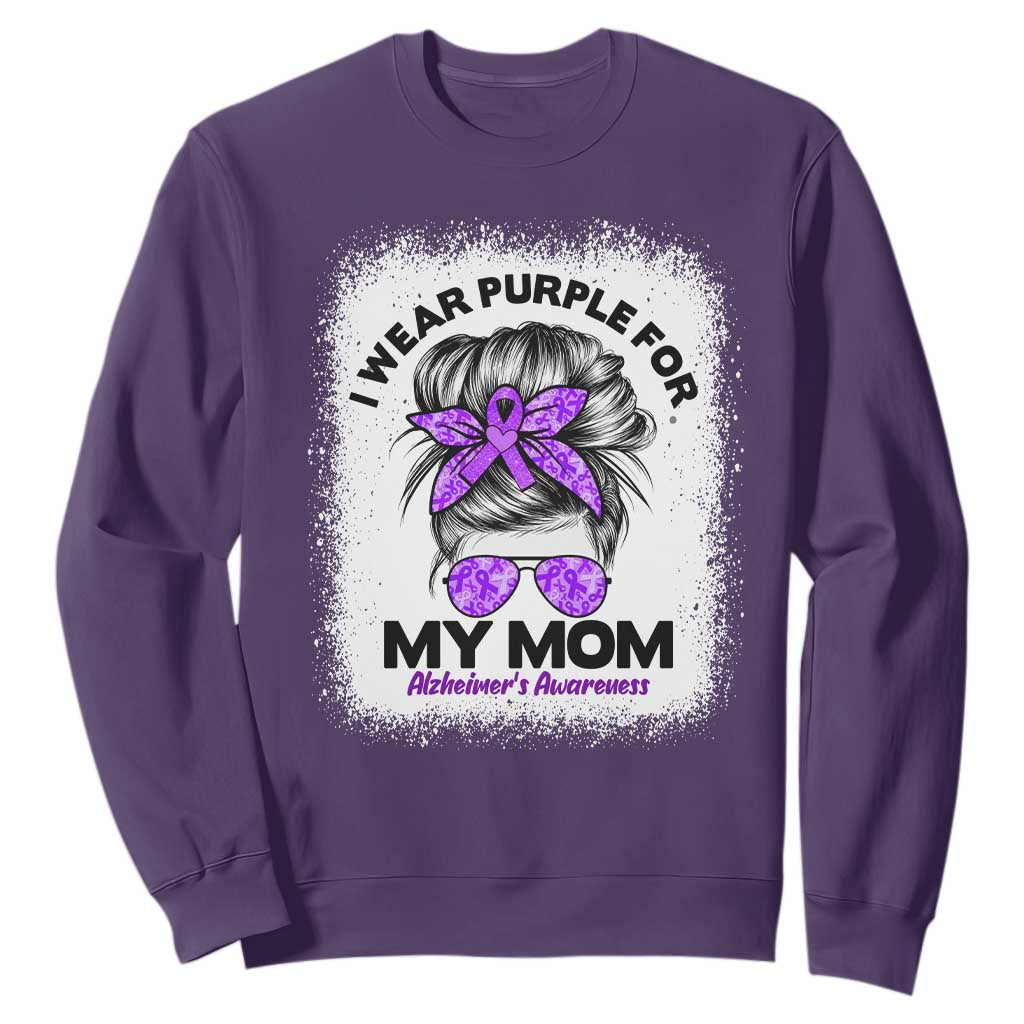 I Wear Purple For My Mom Sweatshirt Alzheimers Awareness Messy Bun Graphic