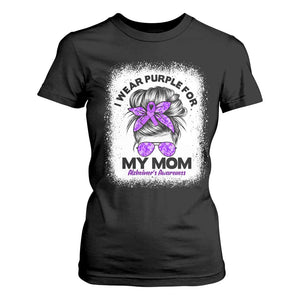 I Wear Purple For My Mom T Shirt For Women Alzheimers Awareness Messy Bun Graphic