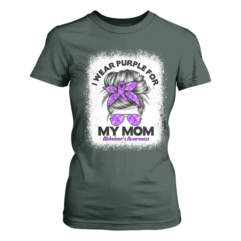 I Wear Purple For My Mom T Shirt For Women Alzheimers Awareness Messy Bun Graphic