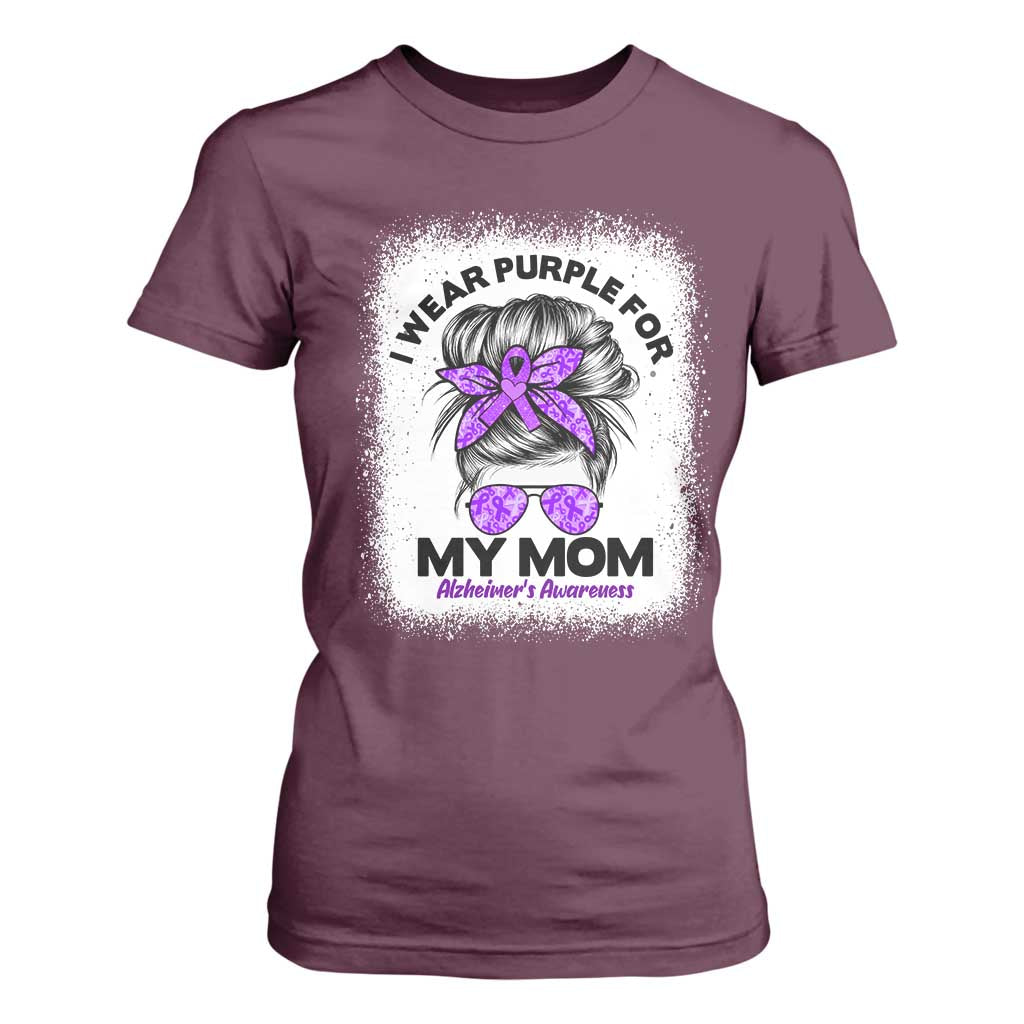 I Wear Purple For My Mom T Shirt For Women Alzheimers Awareness Messy Bun Graphic