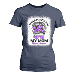 I Wear Purple For My Mom T Shirt For Women Alzheimers Awareness Messy Bun Graphic